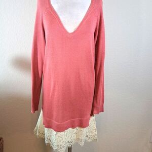 Kye Mi Women’s Sweater Dress Rose Pink Lace Underskirt V-Neck Longline Size M